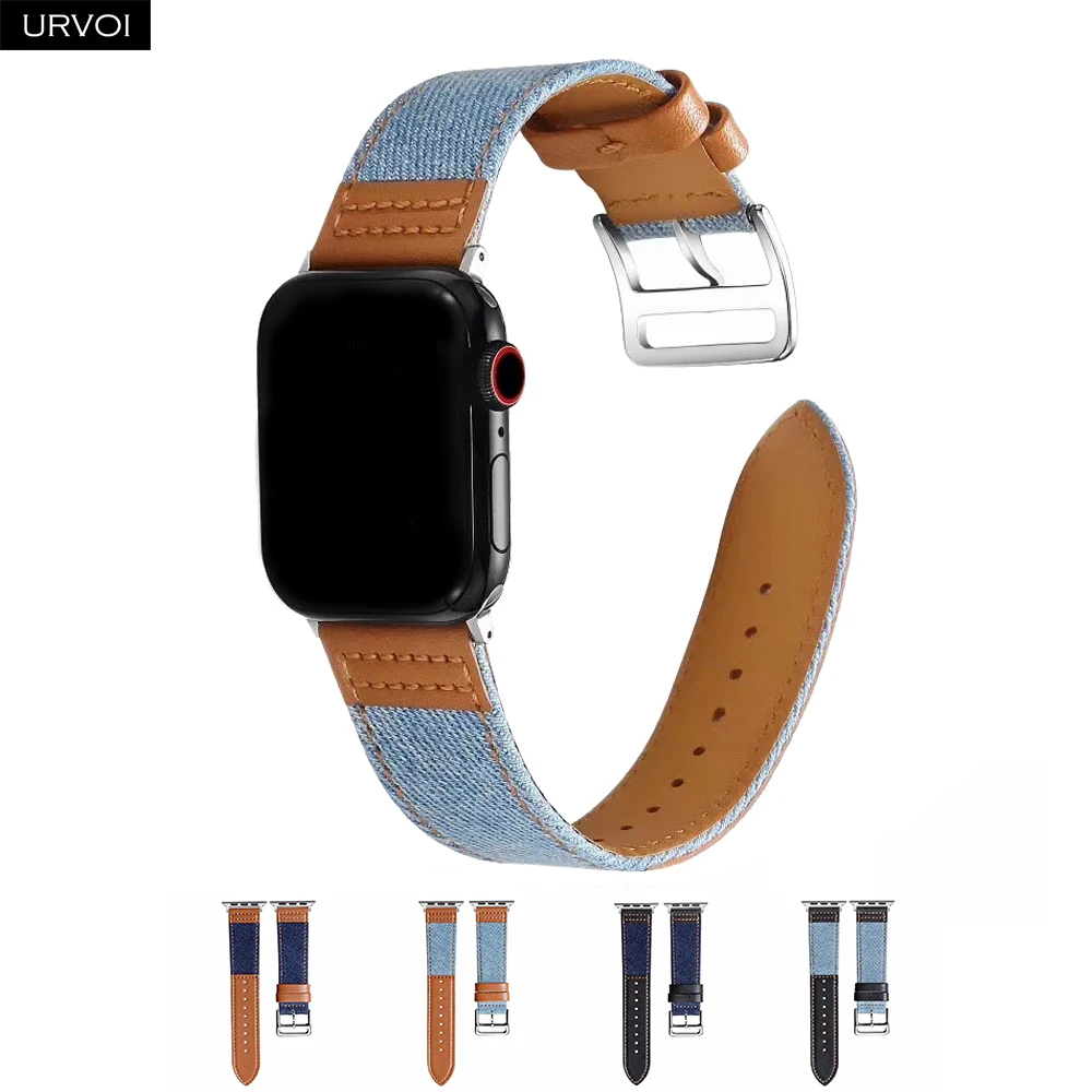 URVOI холст band для apple watch серии 5 4 3 2 1 ремешок для наручных часов iwatch, большие размеры 40-44 мм джинсы с кожаной задняя браслет на запястье 38, 42 мм