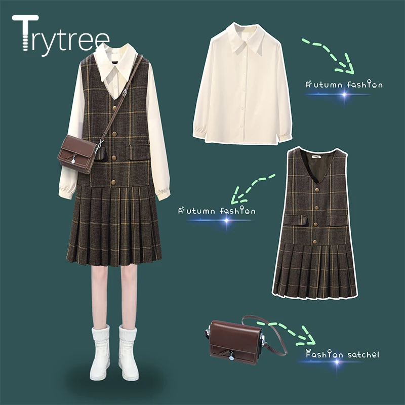 Trytree/осенне-зимний комплект из двух предметов; Повседневная однобортная блуза с отложным воротником+ платье в клетку; плиссированный комплект трапециевидной формы; комплект из 2 предметов