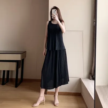 

Black Skirt Suits Women Summer 2020 New Elastic Miyake Pleated Tank Top + High Waist Midi Skirt Plus Size Two Piece Set Female