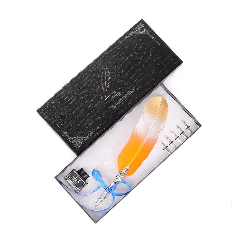 Gradient Orange Vintage Retro Calligraphy Feather Pen High Quality Stainless Steel Nib Variety Gradient Color Student Teacher Stationery Set - Цвет: Gradient Orange