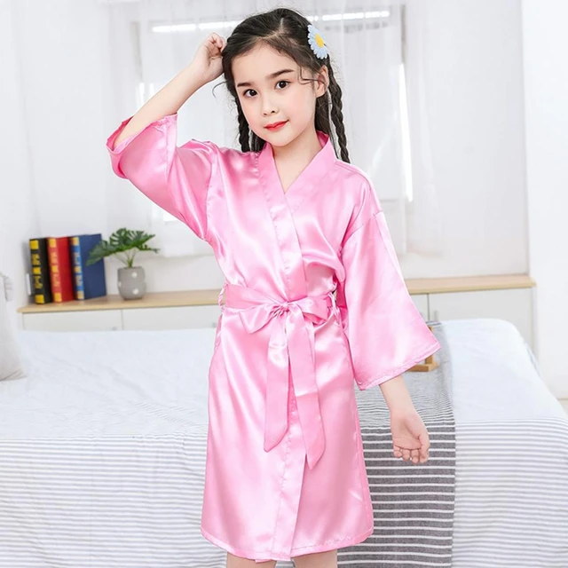 Albornoz de de seda para y niñas, bata de baño de Color liso, Kimono, pijamas para niños, Camisón con cinturón, ropa de para menina _ - AliExpress Mobile