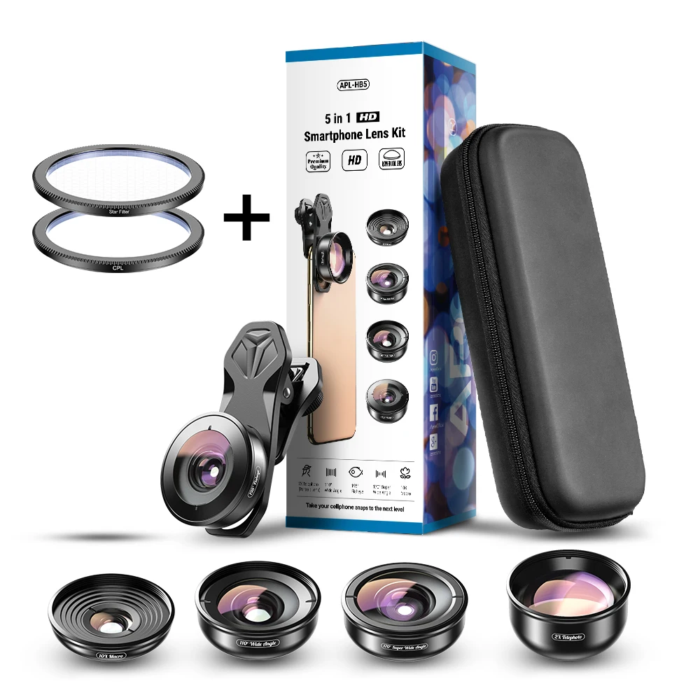 APEXEL HD 5 in 1 Camera Phone Lens 4K Wide Macro Lens Portrait Super Fisheye Lens CPL Filter for iPhone Samsung all cellphone 4 lens camera phone Lenses