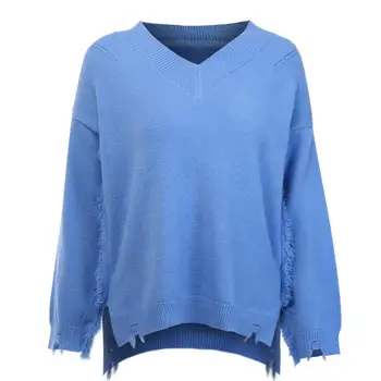 

Autumn and winter new Loose Hole V-neck sweater