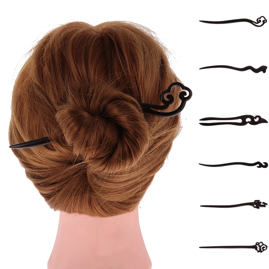 6 Pieces Chinese Classical Women Hair Clip Handmade Black Sandalwood Hair Stick