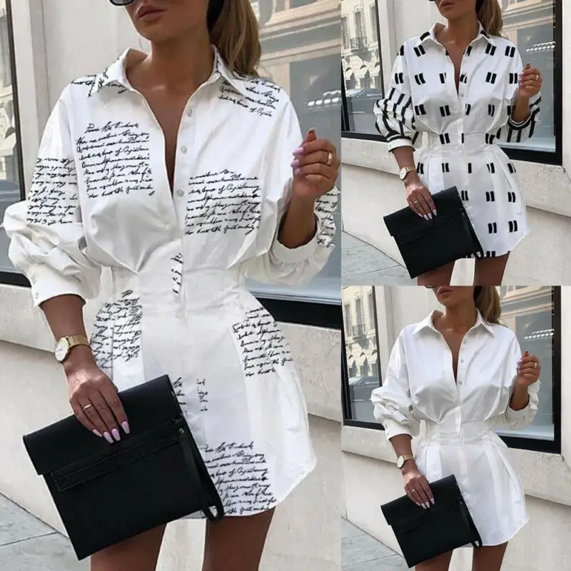 

Autumn Womens Mini Dress Ladies V Neck Long Sleeve Blouse Button Down Oversize Tops Shirt Casual V-Neck Basic Tunic Long Shirts