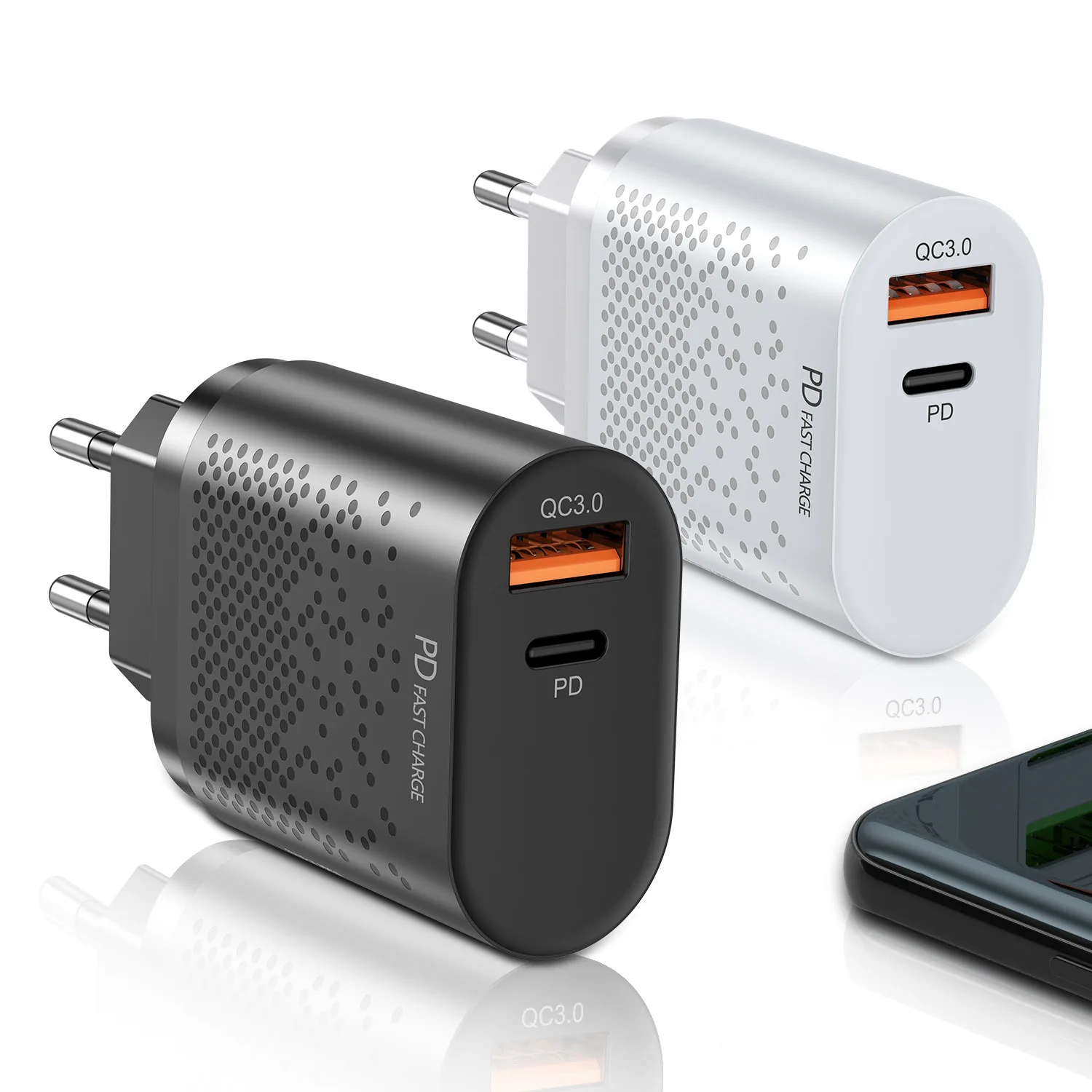 Быстрое зарядное устройство PD Qc3.0 18 Вт для Apple Android USB A + Type c двухпортовый Штепсель
