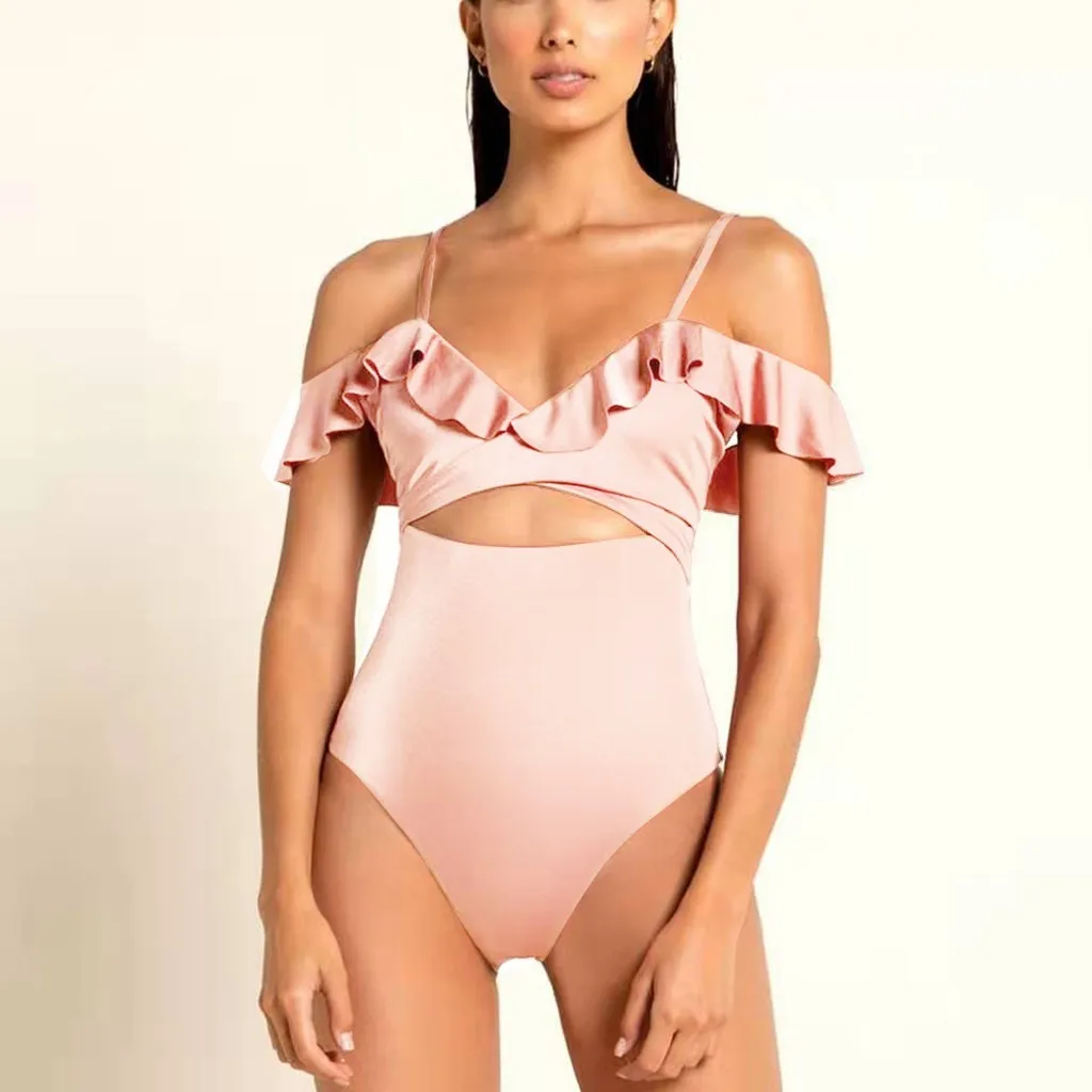 

Sexy Pink Swimming Suit For Women One Piece Solid Ruffle Off Shoulder Swimsuit One Piece Knot Swimwear Maillot De Bain Femme #3