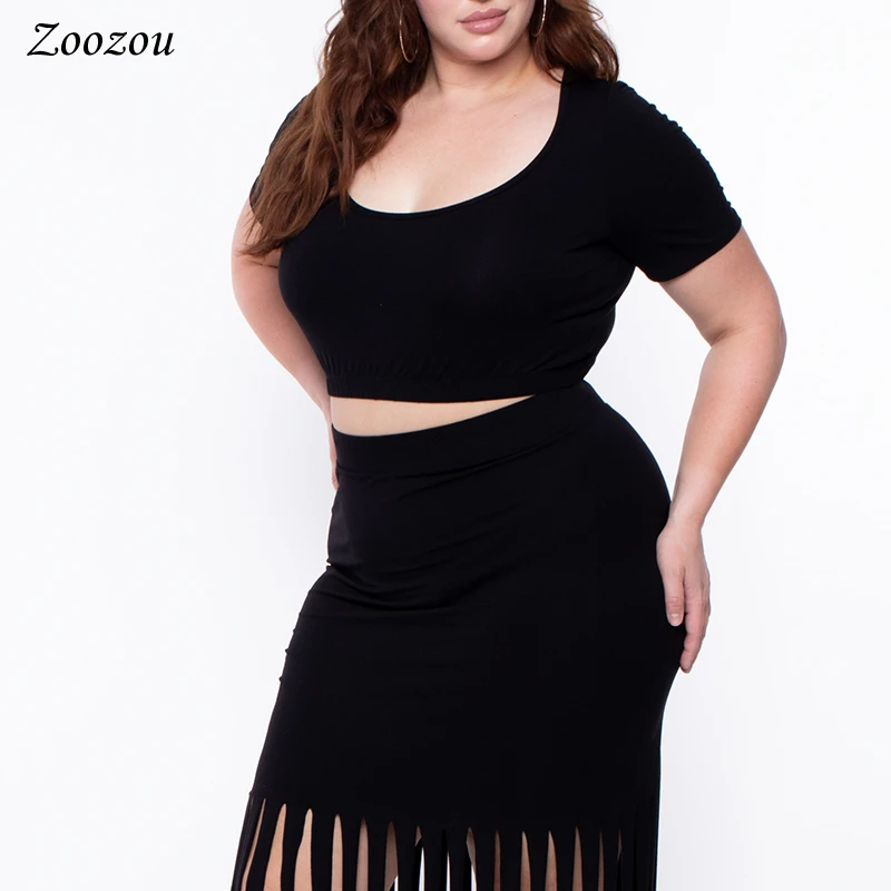 

Women Fringe Skirt Summer 2 Two Piece Sets Plus Size 4XL Crop Tops T Shirt Tassel Long Skirts Sets Casual Black Outfits Custom