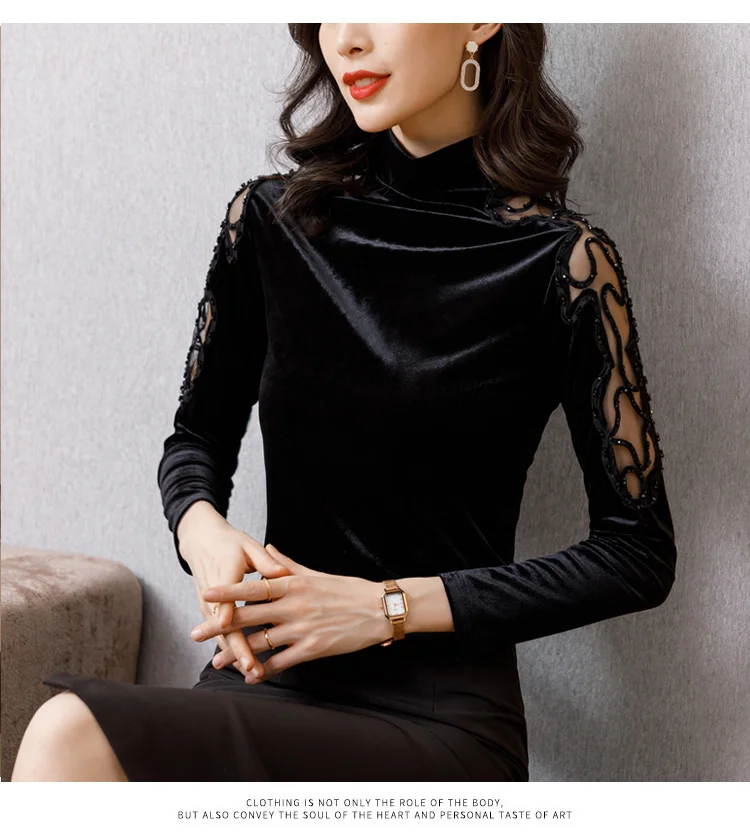 New 2020 Autumn winter woman tshirts Korean fashion slim high neck velvet t-shirt embroidered long sleeve bottoming shirt