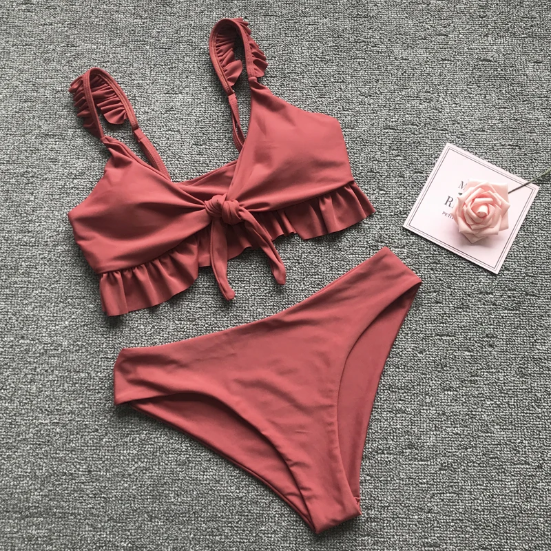 

Sexy Swimwear Female Swimsuit Biquini Ruffle Bikini Set Front Knot Bathing Suit Women Solid Beachwear Push Up Bikinis 2019 Mujer