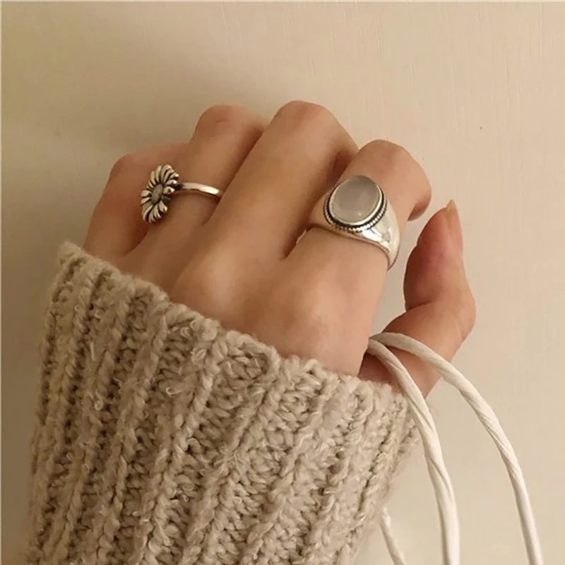 Foxanry silver color couples rings for women trendy vintage handmade white agate elegant wedding party jewelry gifts silver ring wedding rings