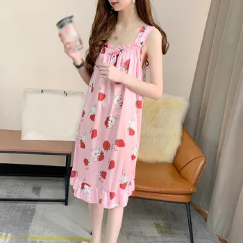 

2020 Comfortable Ladies Nightdress Summer Sexy Suspenders Cute Home Ice Silk Print Nightdress