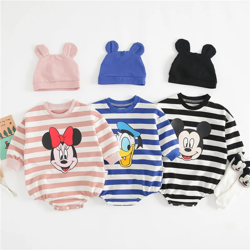 

Disney Mickey 0-2Y Baby Girl Boy Rompers Cute Cartoon Long-Sleeved Clothes + Hat Jumpsuit Newborn Kids Dress