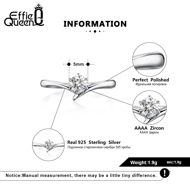 Effie Queen Trendy Female Engagement Rings with Big Crystal Stone AAAA Zircon 925 Silver Finger Ring Jewelry Party Gift BR192