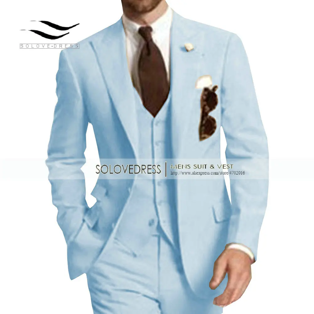 Light Blue Мужские свадебные костюмы из 3 предметов для отдыха, элегантные смокинги с отворотом, мужские костюмы для женихов, мужские костюмы(пиджак+ жилет+ брюки - Цвет: Light Blue