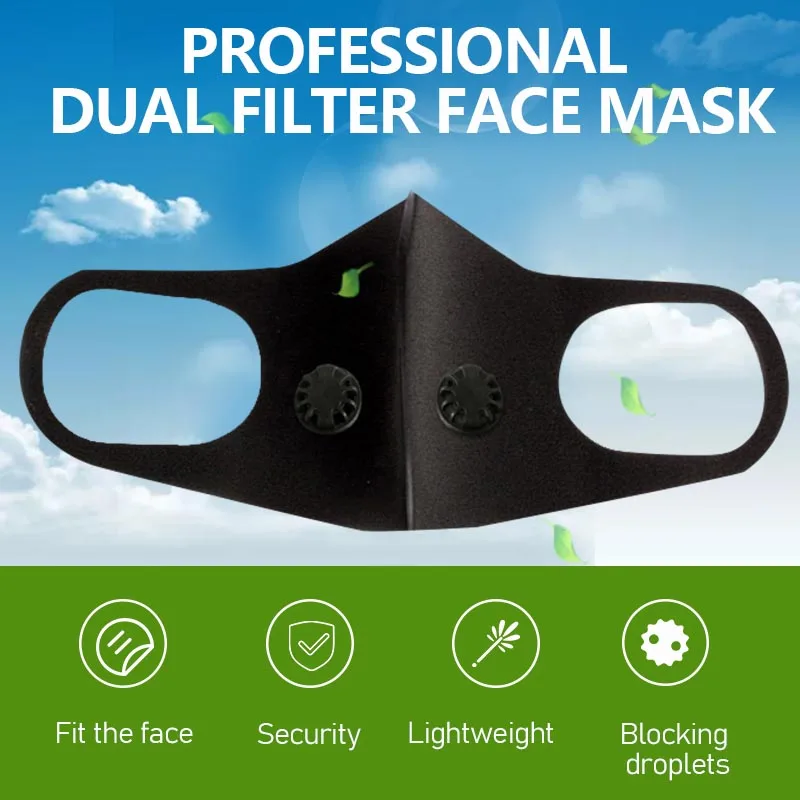 

5/10PC Air Purifying Double Valve Face Masks Mouth Muffle Filter Washable Anti Dust Fog Respirator Windproof Allergy Mask