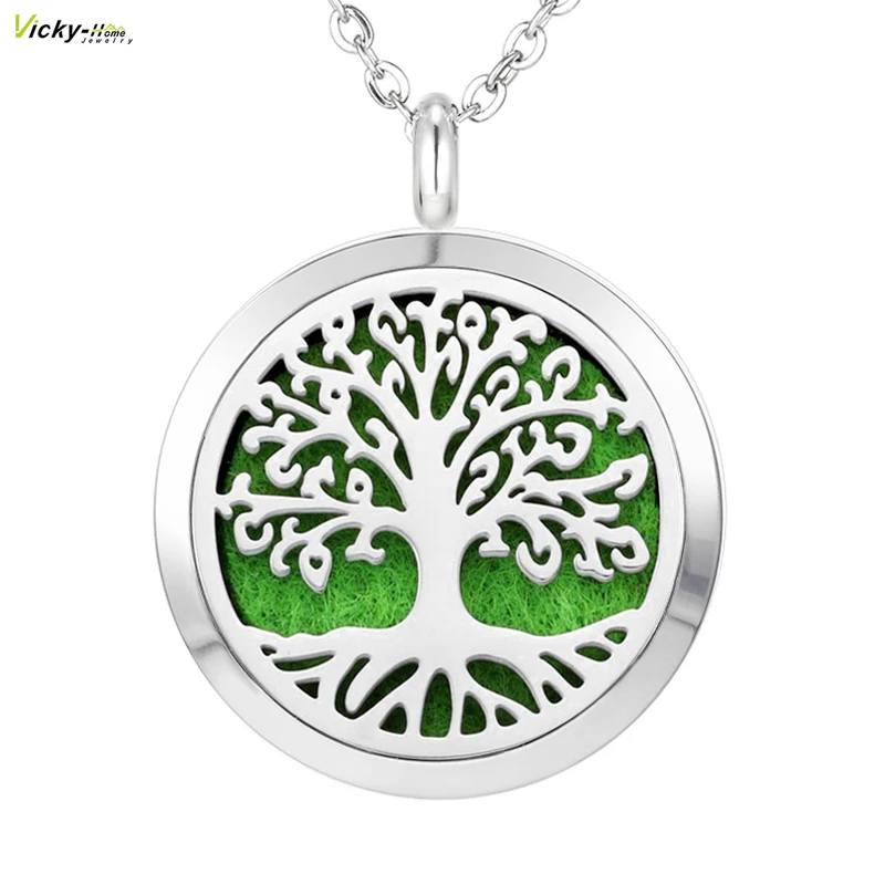 Aromatherapy Essential Oil Diffuser Necklace Tree of Life Pattern Stainless Steel 20 25 30mm Locket Pendant with Chain