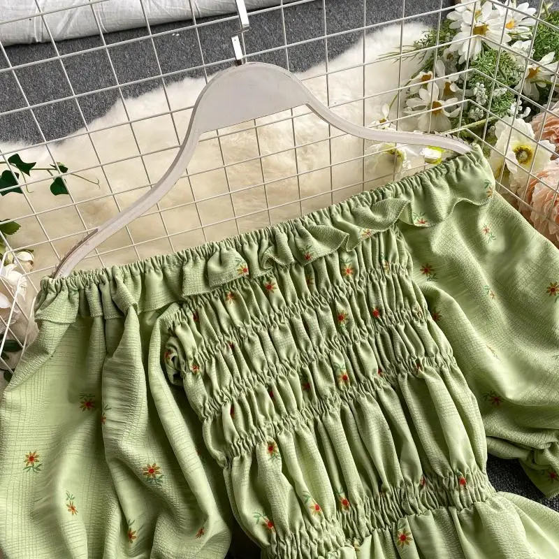 SINGRAIN Women Ruched Ruffle Dress Korean Puff Sleeve Slash Neck A Line Dress Summer Vacation Casual Print Floral Dress 2020
