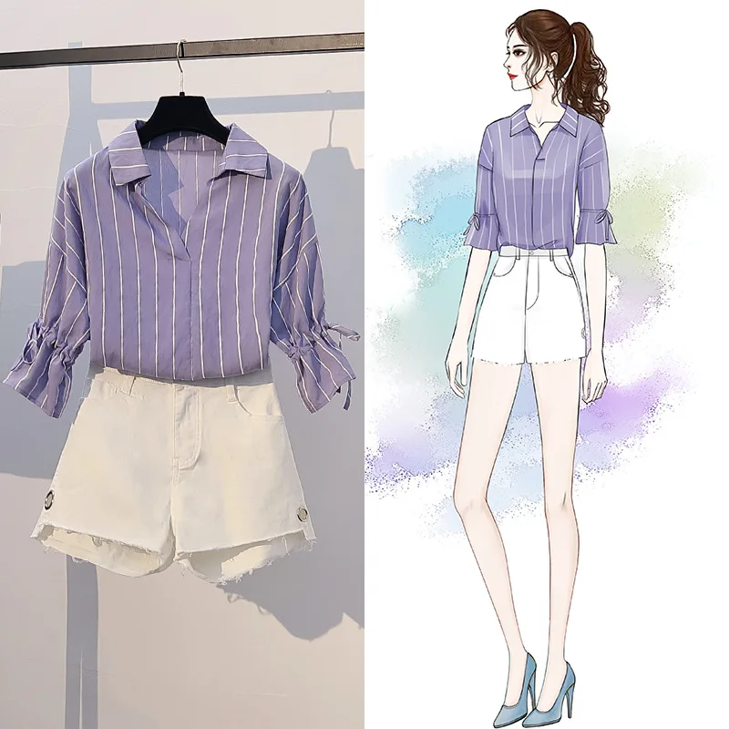 

2019 Summer Wear New Fat Mm Fashion Network Red V-neck Vertical Striped Tops + Denim Shorts Two-Piece Set