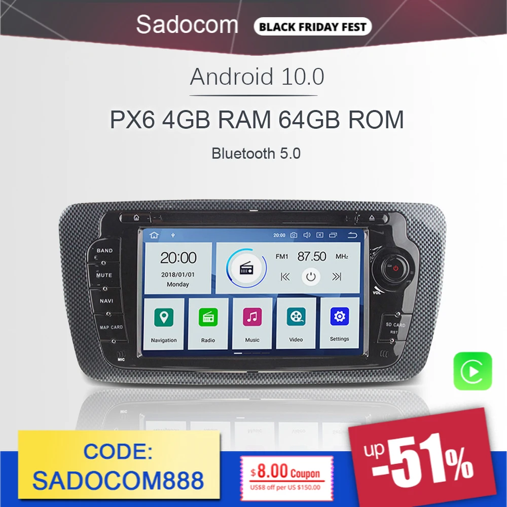 Автомагнитола PX6 2DIN Android 10 0 6 ядер 4 + 64 ГБ GPS RDS для VW Seat Ibiza 2009 - 2014 | Автомобили и