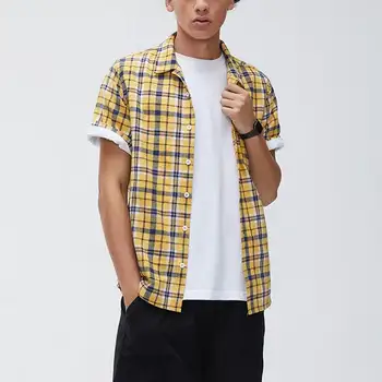 

Summer Men Plaid Shirt Short Sleeve Cotton Breathable Vacation Casual Streetwear Turn-down Collar Mens Hawaiian Shirts Camisa