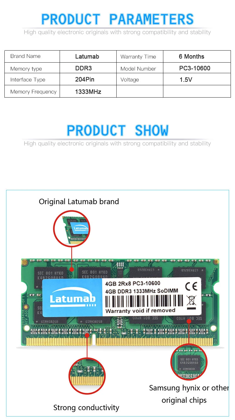Latumab RAM DDR3 4GB 8GB 16GB 1333MHz Laptop Memory PC3-10600 SODIMM Memory 204Pin 1.5V Notebook Memory Memoria DDR3 RAM Module (14)