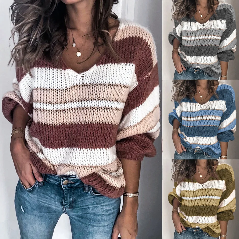 VITIANA, Свободный Повседневный вязаный свитер для женщин, осень, женские полосатые трикотажные свитера с длинным рукавом, Женский пуловер с v-образным вырезом