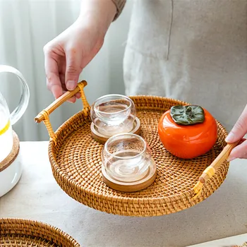 

Rattan Storage Tray, Round Basket with Handle, Hand-Woven, Rattan Tray Wicker Basket Bread Fruit Food Breakfast Display L M S
