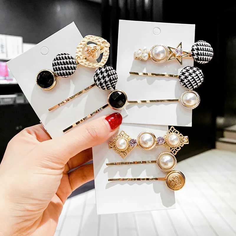 

New Imitation Pearl Hairpin Ladies Crown Star Heart-shaped Lattice Button Combination Female Crystal Hairpin Fashion BB Headwear
