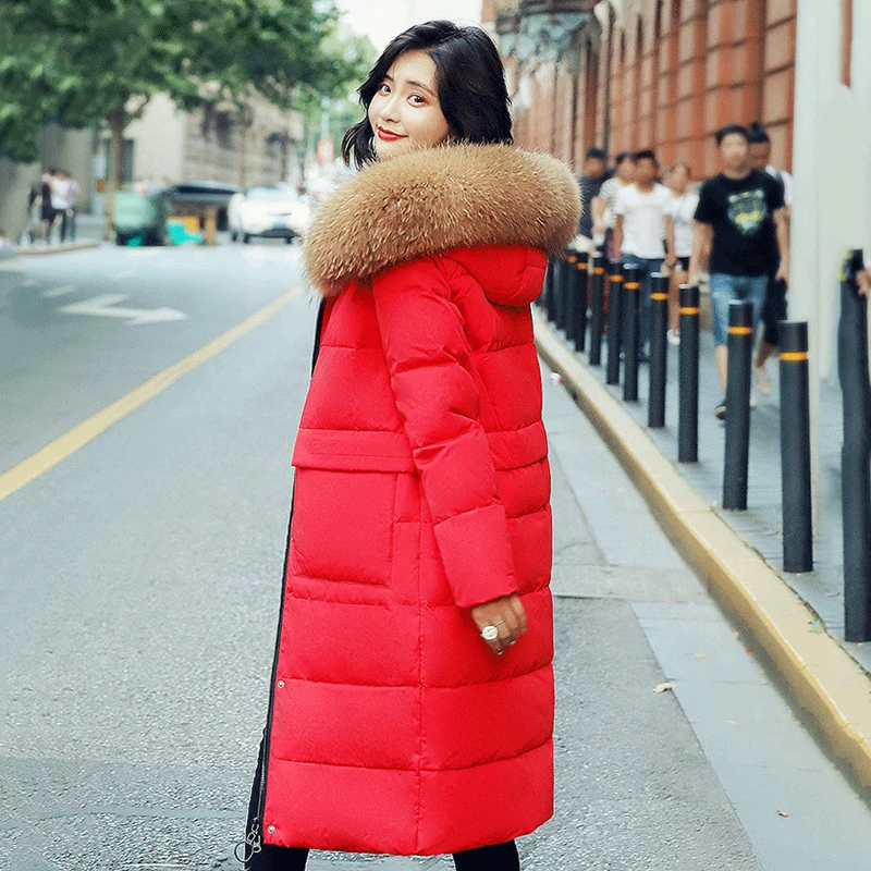 Красное женское Новое пуховое пальто зимнее теплое пальто меховая цветная длинная куртка с капюшоном модная Толстая Тонкая пуховая куртка женская верхняя одежда WM26