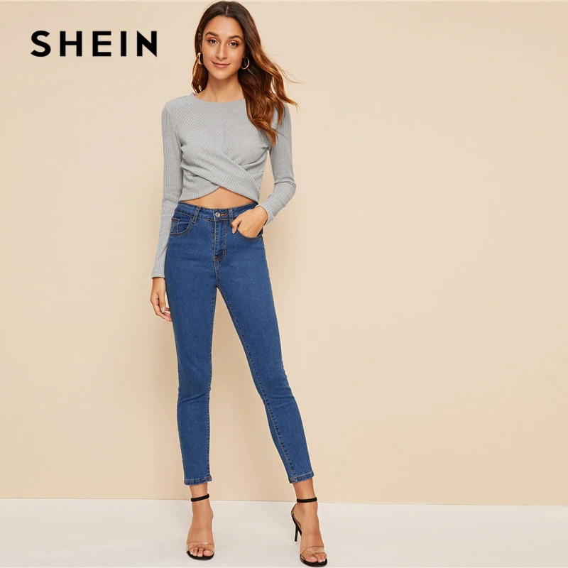 SHEIN серый обёрточная крест обрезанный ребристый вязаный свитер для женщин базовые Топы осенние однотонные с длинными рукавами и круглым вырезом Элегантные подогнанные по фигуре свитера