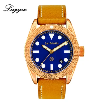 

Lugyou San Martin Classical Bronze Automatic Watch Unisex Carved Traditional Pattern Case Leather Strap Sapphire Luminous Index