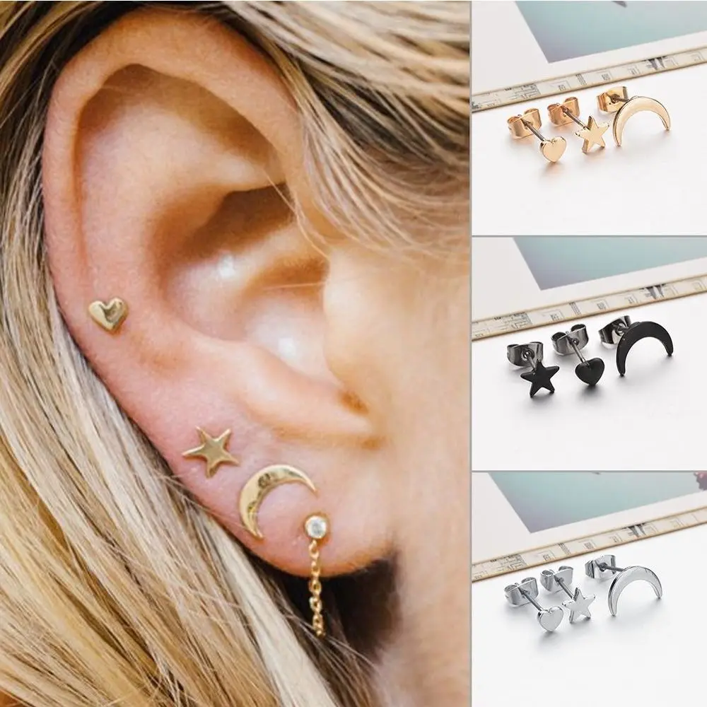 

Cute Moon Star Heart Ear Stud Earrings Women's Tiny Silver Plated Ear Stud Jewelry Korean Minimalist Earrings Jewelry Accessorie
