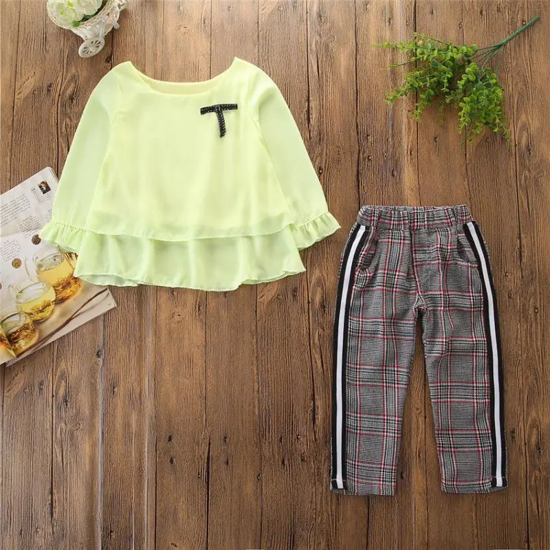 Комплекты одежды для маленьких девочек школьная одежда весенне-осенняя футболка с длинными рукавами и бантом+ повседневные штаны в клетку комплекты детской одежды из 2 предметов 5 цветов