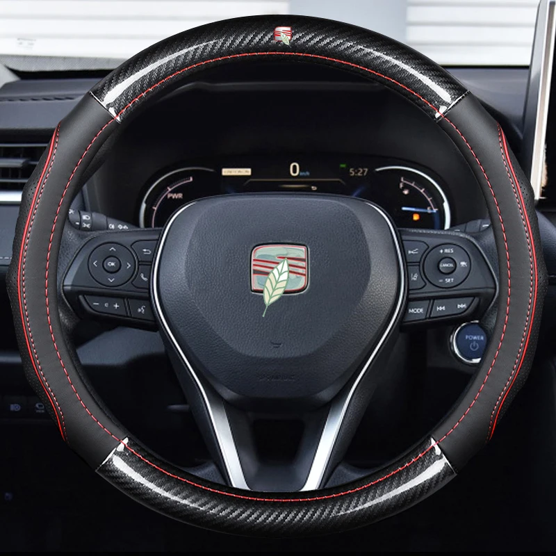 Car Carbon Fiber Leather Steering Wheel Covers Interior Accessories 38cm for SEAT Ibiza Tarraco Leon Ateca Toledo Car Styling
