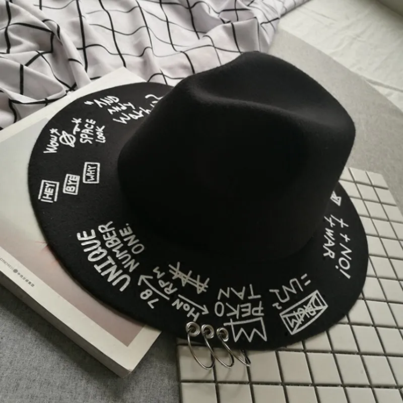 Fedora hat piercing graffiti letters woolen hat Korean style tide men and women wide brim top hat British jazz hat hip hop winte straw fedora hat Fedoras