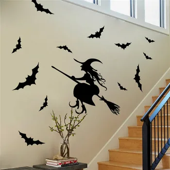

Halloween Bats And Witch Pattern Wall Stickers For Store Home Decoration Diy Window Decals Festival Vinyl Posters Art Mural