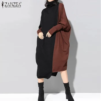 

ZANZEA Fashion Women Turtleneck Long Sleeve Dress Autumn Patchwork Midi Sundress Baggy Loose Female Vestido Long Shirt Kaftan 7