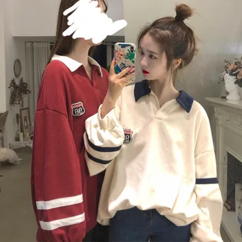 

College Polo Neck Loose Women 's 2020 New Spring And Autumn Thin Korean White Long Sleeve Lazy Wind Top Trend