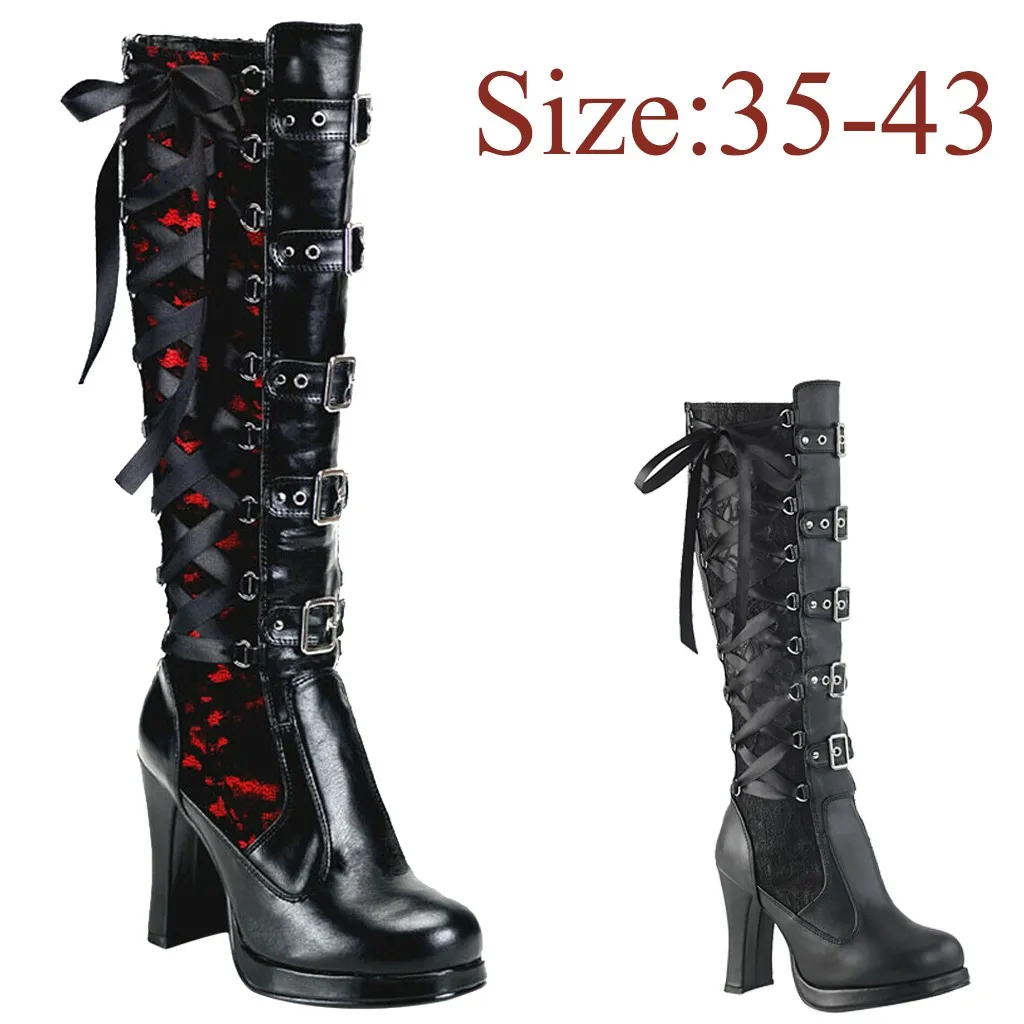 

Fashion Boots Women Halloween Cosplay Cross Tied Leather Kneeth Platform Boots Gothic Bows Ladies Boots Shoes for Festival#50