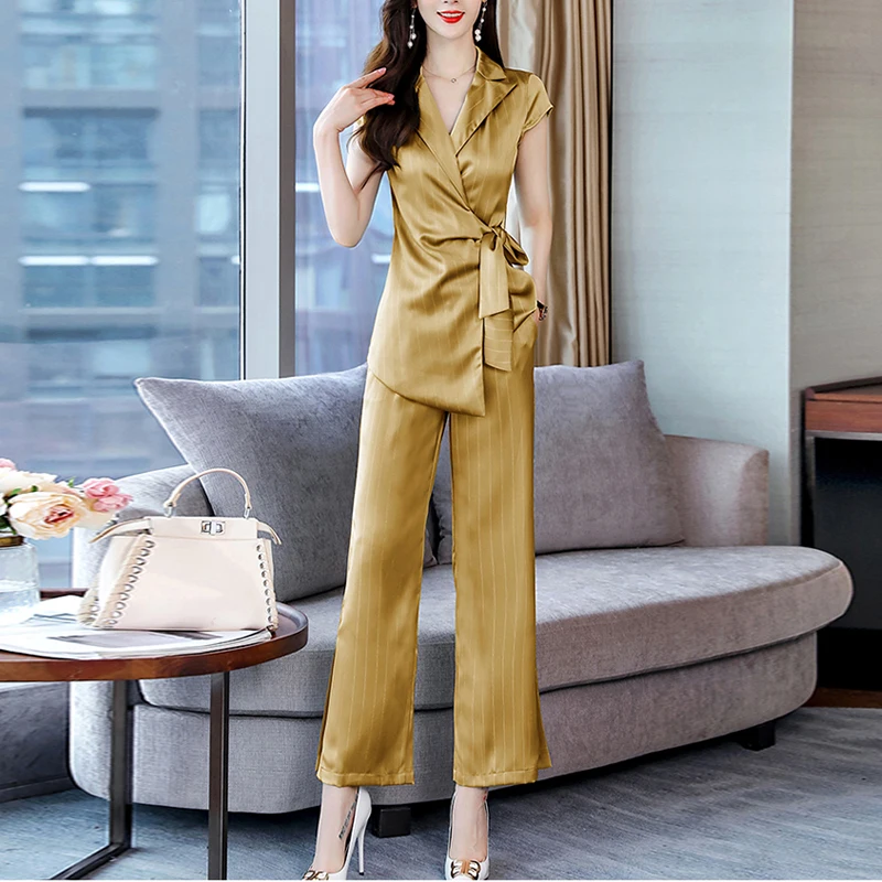 

Women's Summer Sleeveless vest Blazer Coats set of two fashion pieces for women ladies Office Wide Leg Pants Sets Suit Trouser
