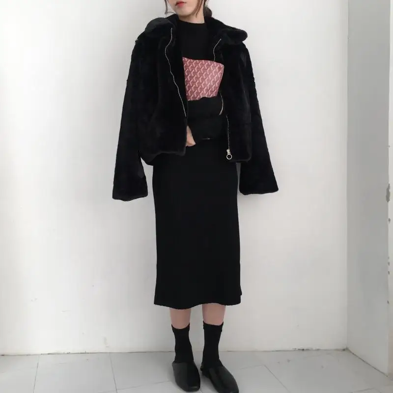 Женская куртка на молнии, осенне-зимнее пальто, куртка-бомбер, Harajuku, элегантная одежда, негабаритная верхняя одежда, роскошный искусственный мех кролика, W022