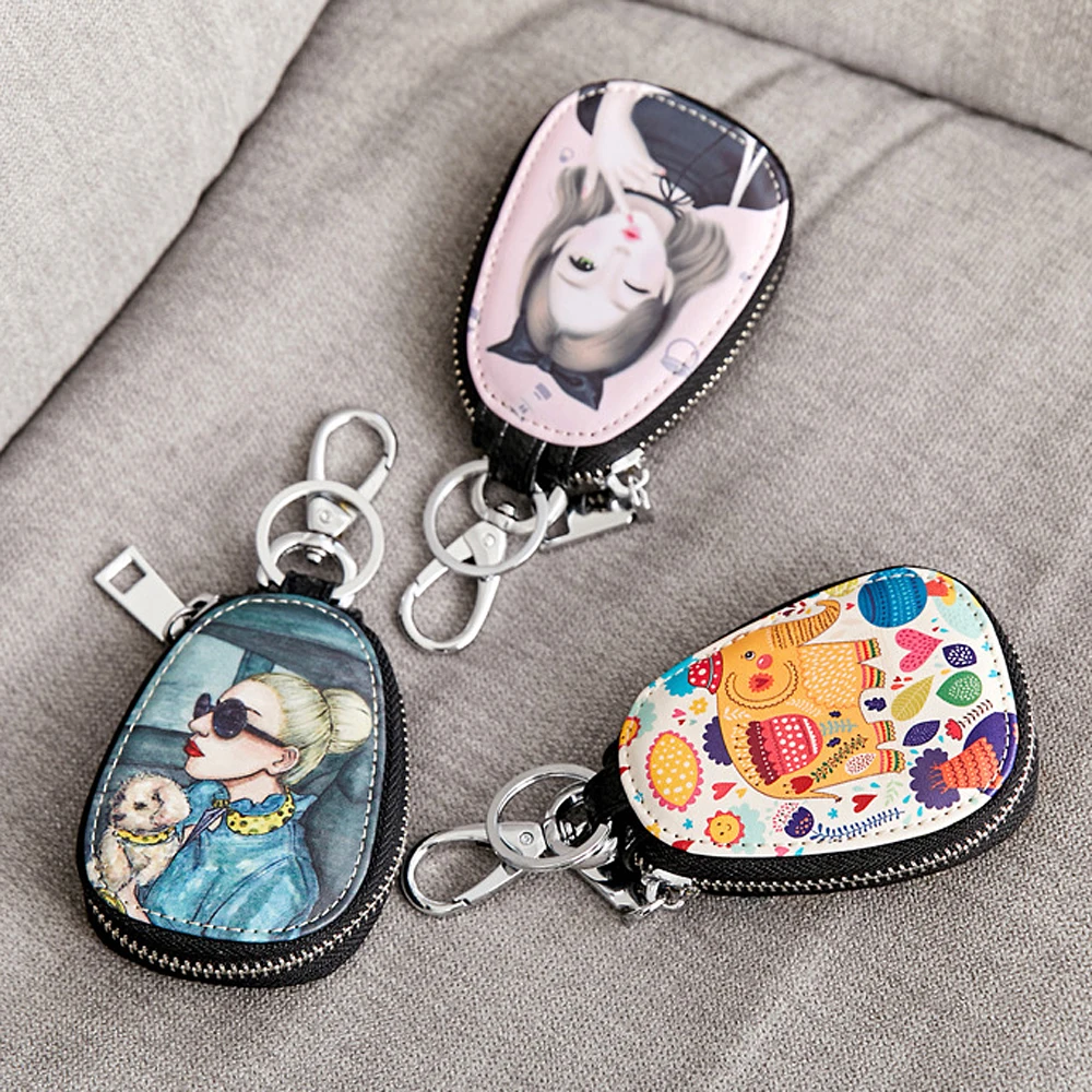 Fashion Painted Design Key Bag for Women Small Leather Key Wallets Housekeepers Car Holder Case
