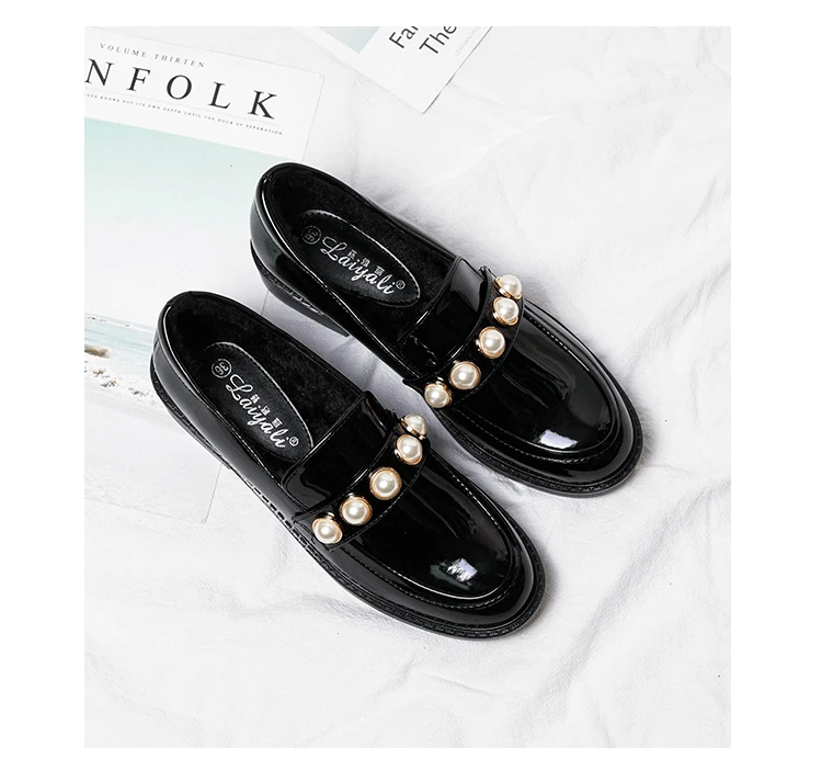 2020 Patent Leather beads oxfords women shoes british derby shoes for woman flats pearl slip on add cashmere loafers size 34-42