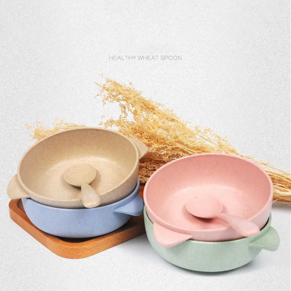 Пластиковая детская столовая чаша из пшеничной соломы с ложкой посуда для
