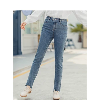 

INMAN 2020 Spring New Arrival Retro Medium High Waist Irregular Slim Women Long Jeans