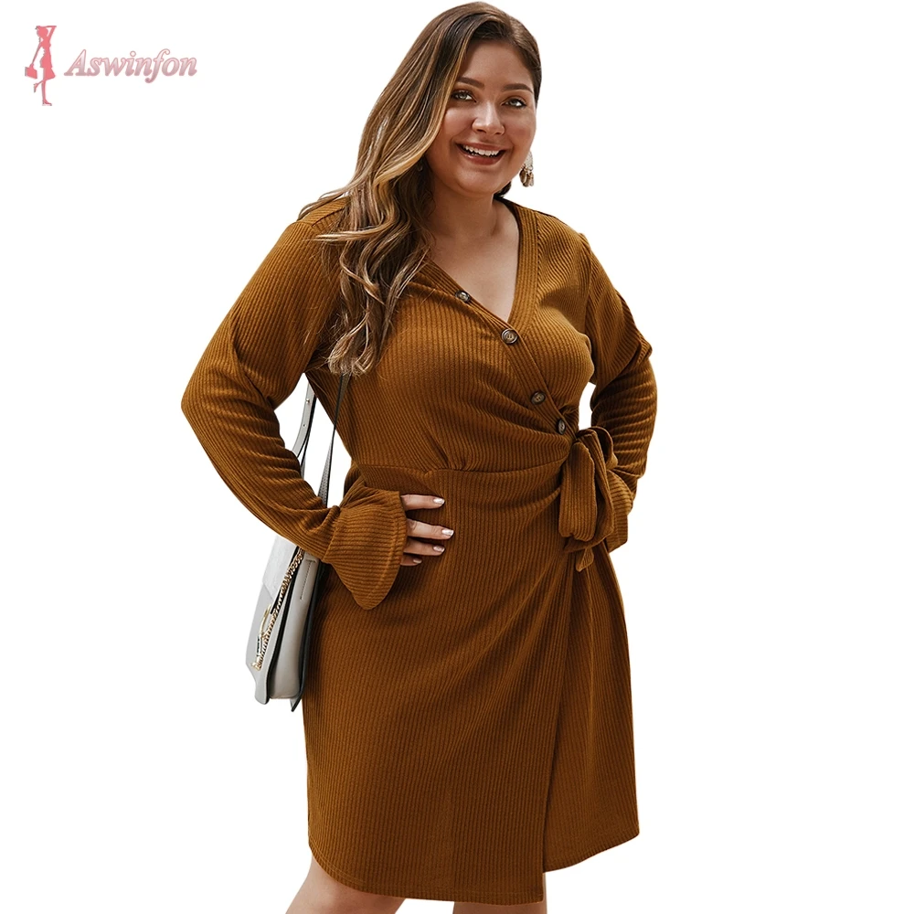 

Aswinfon 2019 Autumn Plus Size Dress Women V-Neck knitted Dress Long Ruffles Sleeve Solid Color Casual Warm nip-waisted dresses