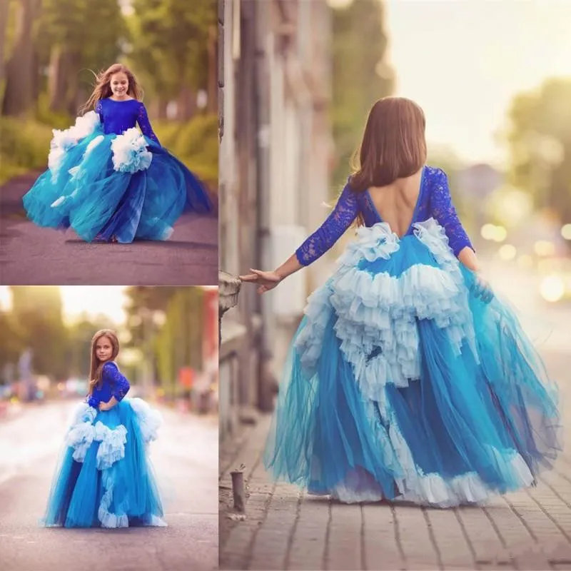 

SexeMara Royal Blue Backless Girls Pageant Gowns Lace Long Sleeves Tulle Ruched Flower Girl Dresses For Wedding Custom Made