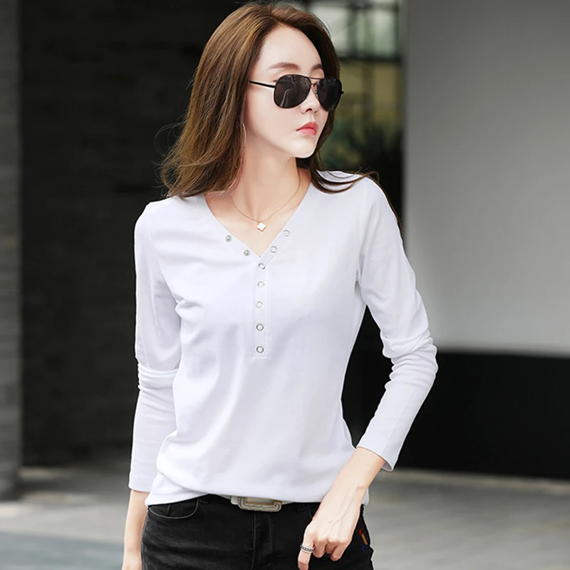 GGRIGH/Осенняя футболка с v-образным вырезом для женщин, Camisetas Mujer, хлопковые женские тонкие свитеры с пуговицами, футболка с длинными рукавами, Женская Корейская одежда