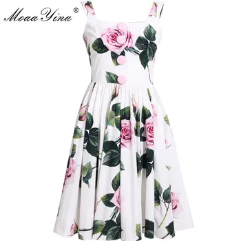 

MoaaYina High Quality Summer Cotton Dress Women's Rose Floral-Print Sexy Backless Spaghetti Strap Runway Bohemia Elegant Dress